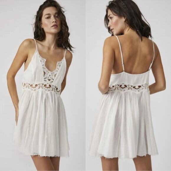 FREE PEOPLE Ilektra Lace Inset Cotton Chemise Mini Slip Dress Size Medium - Picture 2 of 15